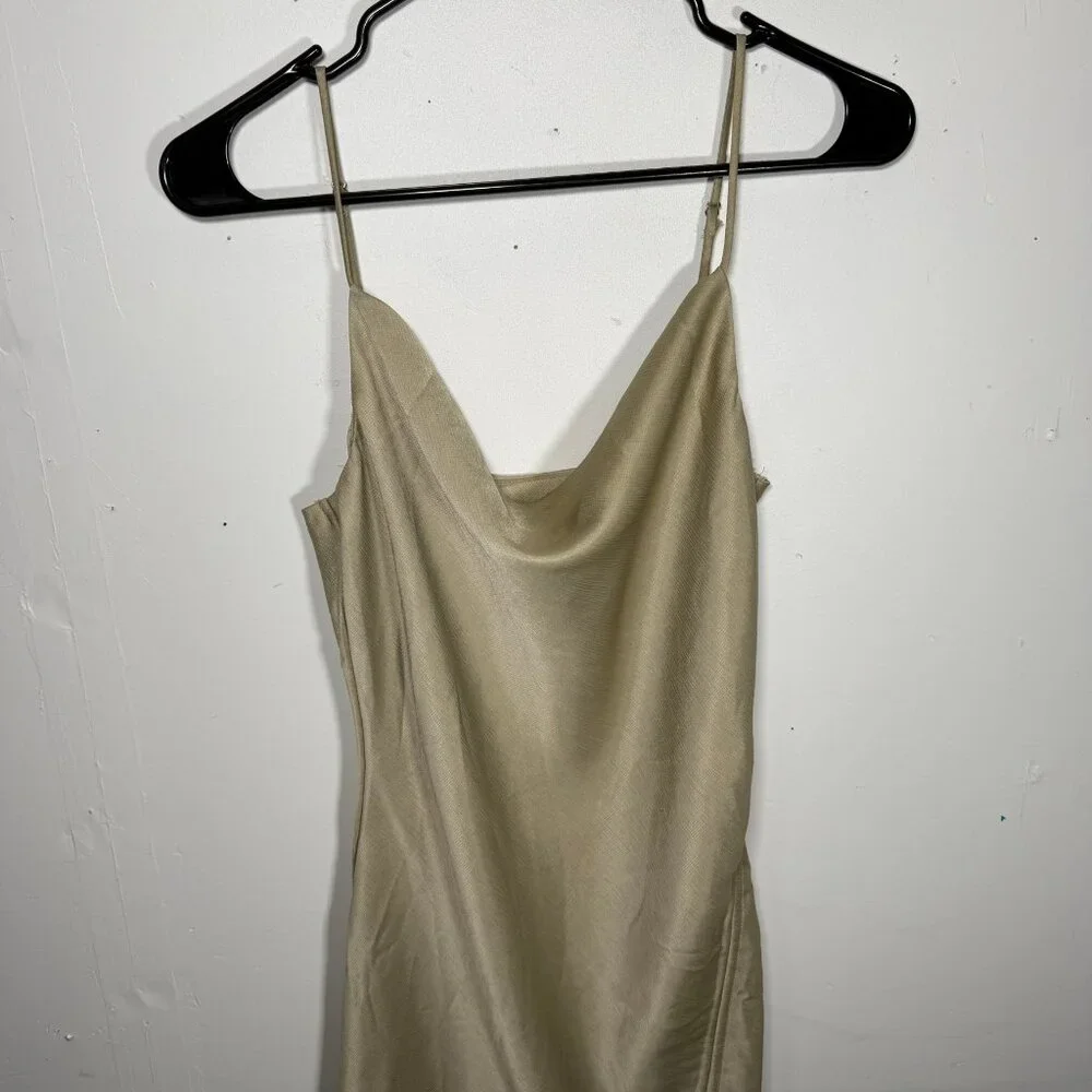 WOMENS SIZE 4 DRESS COWL NECK CHAMPAGNE TAN SHIMMER RUCHED STRAPPY Y2K 90S POLLY